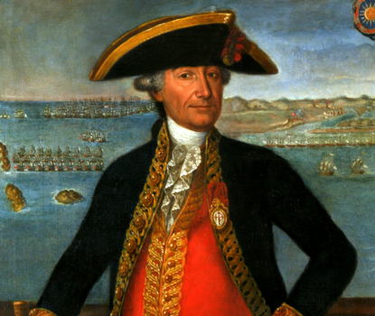 Eighteenth-century portrait of man standing in front of ocean and fleet of ships