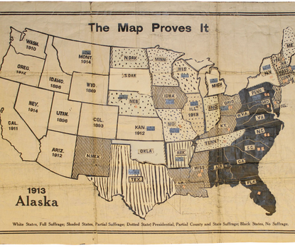 A map originally printed around 1914. It was altered over a period of five years to reflect the ratification of the Nineteenth Amendment in various states through mid 1919. 