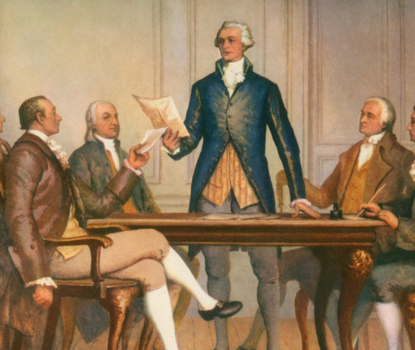Alexander Hamiton reading a document to a group of men at a table