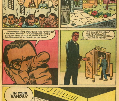 Crop of comic book with man telling audience they have power to "make racial discrimination a thing of the past" by voting