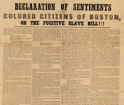 A letter with the phrase "Declaration of sentiments of the colored citizens of Boston, on the fugitive slave bill" at top in large type.