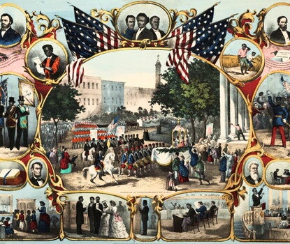 A color engraving of a Black man in a black suit and white shirt at a lectern preaching to a congregation in a church