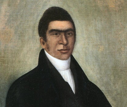An oil painting of a Black man wearing a black coat and a white stock or cravat