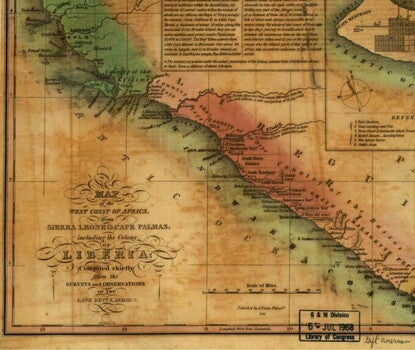 A multicolor (blue, red, tan) map showing the coast of Sierra Leone (blue) and Liberia (red).