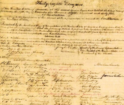 A handwritten copy of the Thirteenth Amendment