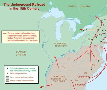 Map of North America with routes on the Underground Railroad; The legend says that free states and territories are in green and slave states and territories are in tan. Underground railroad routes are in red, with arrows pointing north, west, and (from Georgia), south. The data is from the Atlas of African-American History and Politics. 