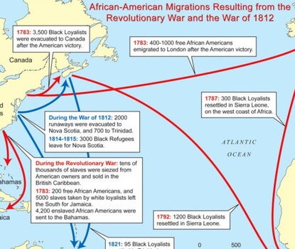 A map of the Americas, Europe, Africa, and the Atlantic Ocean with arrows noting African emigration from the United States to Canada, Europe, African, and the Caribbean and South America after the Revolutionary War and the War of 1812 (post-Revolution in red, post-War of 1812 in blue). 