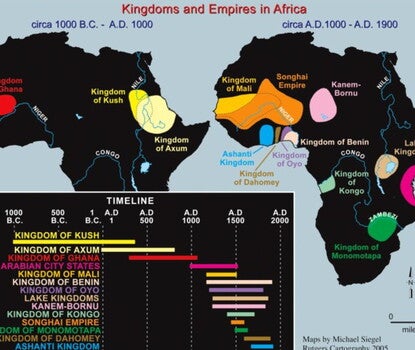 Two maps of Africa identifying the territory of empires ca. 1000 BC–AD 1000 and ca. AD 1000–AD 1900, along with a timeline of these empires