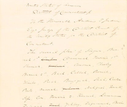 A handwritten document with a beige ribbon on top