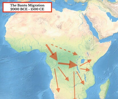 A map of the African continent with arrows referencing the migration of Bantu peoples and languages