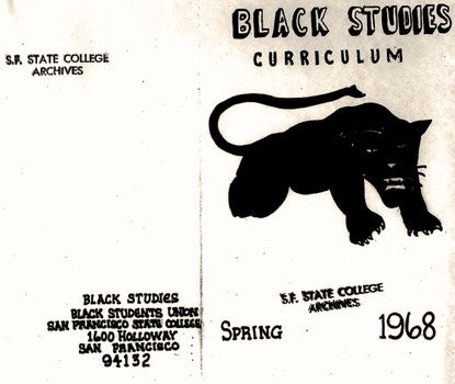 A photocopied cover of a curriculum catalog. At right, a black panther pouncing below the text "Black Studies Curriculum."