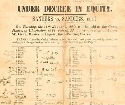 A broadside with the title "Under Decree in Equity. Sanders v. Sanders, et al." with list of enslaved people and their ages, and handwritten notes throughout