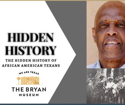 On the left, wordmark for "Hidden History" above Bryan Museum logo of a palm tree and a house; on the top right, color photograph of a Black man smiling, over a black-and-white photograph of an all-Black band performing