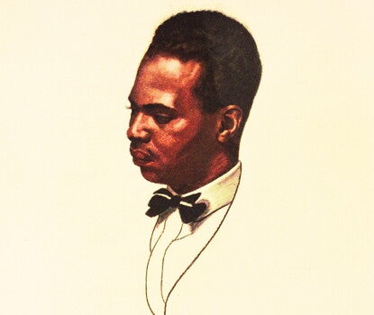 The head of Countee Cullen, a Black man, with a stylized drawing of his shirtfront (white shirt, black bow tie). 