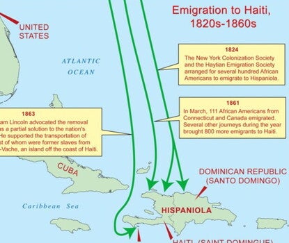 Map of the Caribbean, focused on Haiti, with arrows noting migratory trends from North America to Haiti, l'Il-a-Vache, and Hispaniola.