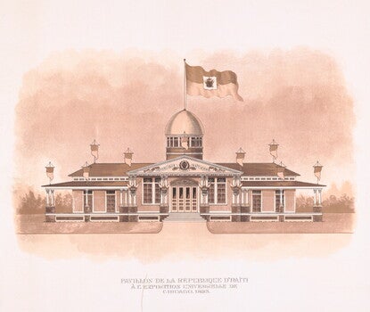 An engraving of a stately building with a rotunda topped with a Haitian flag