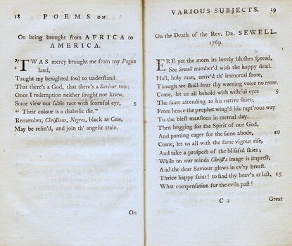 A printed poem, "On Being Brought from Africa to America" by Phillis Wheatley