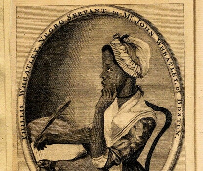 An open book shows the title page of Poems on Various Subjects, Religious and Moral, by Phillis Wheatley on the right. On the left, an engraving of the Black poet Phillis Wheatley in profile, sitting at a desk with a quill in hand. 