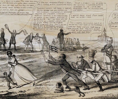 Political cartoon of an enslaved Black woman (wearing a white dress), a baby in her left arm, holding the left hand of an older boy (wearing a dark jacket and lighter-colored pants) in her right hand, as White men chase after her.