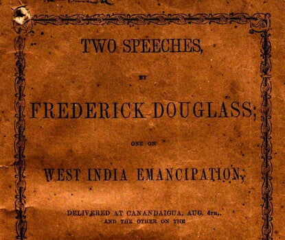 Dark orange cover for a pamphlet edition of two speeches by Frederick Douglass