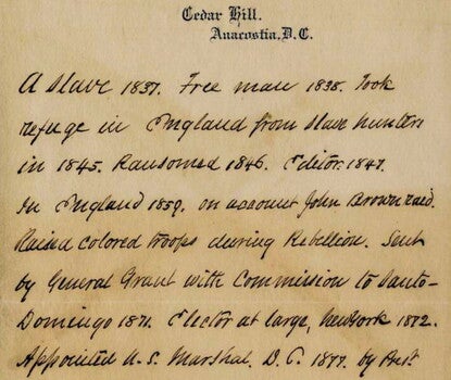 A letter written in cursive on stationery from Cedar Hill, Washington, DC