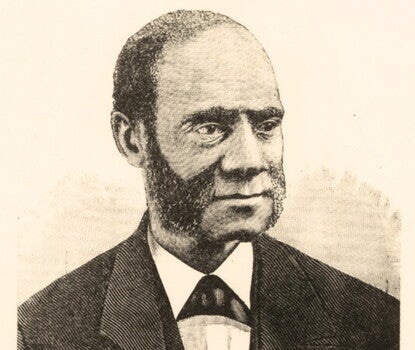 An engraving of a Black man with mutton-chops wearing a dark jacket, dark vest, and white shirt, looking toward the right