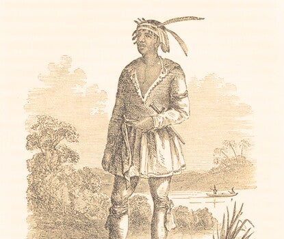An engraving of a Black man identified as "Gopher John." wearing a feathered headdress and tunic. standing on a riverbank as two people paddle a canoe in the background