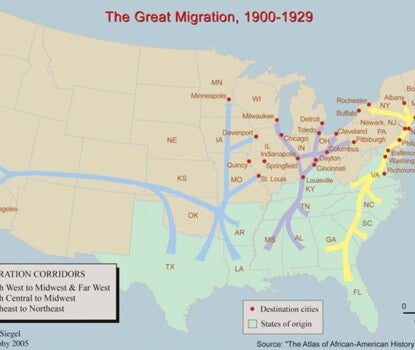Map of the United States with arrows noting migration corridors from the South to the Northeast, Midwest, and West.