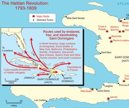 Map of Haiti showing key battle sites and selected towns noted with an inset map of the routes of Caribbean emigration from Haiti for enslaved, free, and slave-holding Saint Domingans before, during, and after the revolution