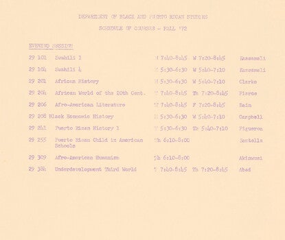 A typed list of Black and Puerto Rican Studies courses for the Fall 1972 semester, pale blue ink on white copy paper