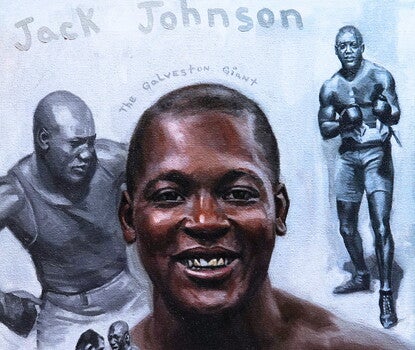 Color portrait of a smiling, bare-chested Black man, with grayscale vignettes of the same man shown in a boxing ring facing an opponent, and standing facing out wearing boxing shorts and gloves; at the top are the words "Jack Johnson: The Galveston Giant"