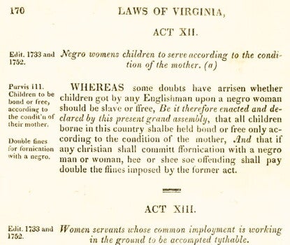 A page from a book reading "Laws of Virginia, Act XII."