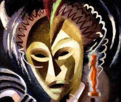A dark abstract painting of a mask with horns