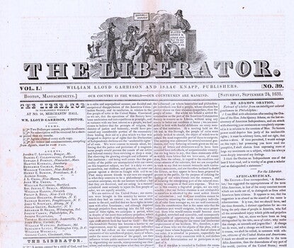 Masthead of The Liberator, featuring a depiction of an enslaved family next to an auctioneer, whose lectern reads "Slaves Horses & Other Cattle to be sold at 12 OO."