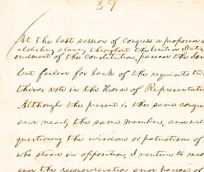 Handwritten fragment of Abraham Lincoln's last Annual Message supporting the Thirteenth Amendment 