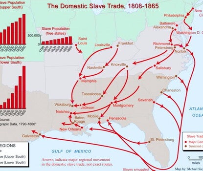 Map of the southern United States from Texas to Maryland showing in red the main inland and seagoing routes of the internal movements of enslaved people, from New York and Philadelphia in the Northeast to Galveston, Texas, and New Orleans, Louisiana.
