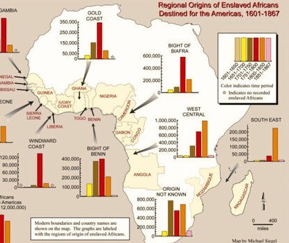 Map of Africa highlighting countries along the West and West Central African coast, from Senegal to Angola, plus, on the east, Mozambique and Madagascar; a bar chart for each region show how many people were enslaved in each half-century between 1600 and 1867.