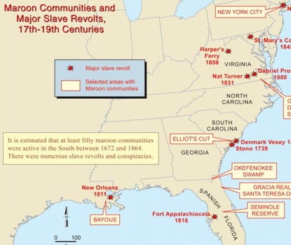 Map of the East Coast of the United States featuring the sites of eight major maroon communities and nine revolts of enslaved people from New York City to the Louisiana bayous