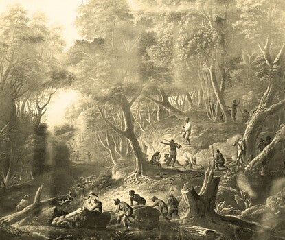 An engraving showing two dozen armed Black men in the foreground hidden along a forested path and hillside watching a group of White men in military dress coming down the path in the distance