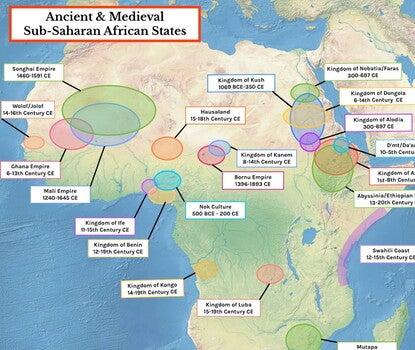 Map of the African continent, with colored ovals recognizing approximate geographic locations and periods of kingdoms and empires.