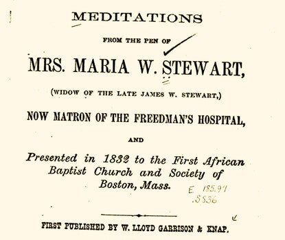 Cover page for Meditations from the Pen of Mrs. Maria W. Stewart.