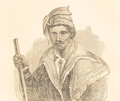A stipple portrait of a mustachioed man identified as "Negro Abraham" wearing a fringed coat and turban, holding a staff in his right hand