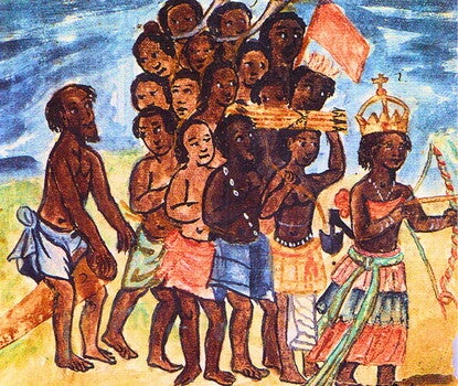 Queen Nzinga, at right, wearing a gold crown, pink bandeau, pink, blue, and red skirt, and holding a multicolored bow and arrow, followed by an entourage of shirtless men and women.