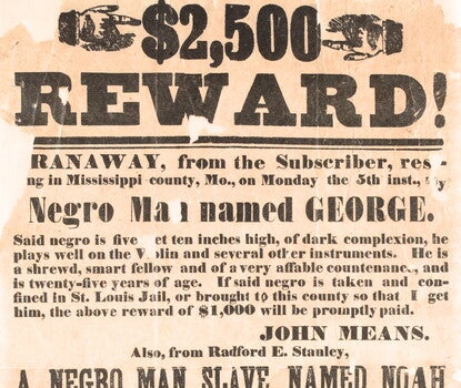 A printed broadside announcing a "$2,500 REWARD!" for freedom seekers. On each side of "$2,500" are hands with index fingers pointing toward the dollar value.