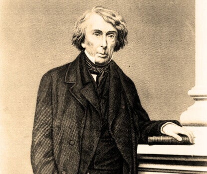 An engraving of White man with a gaunt face and long white hair, wearing a dark overcoat, jacket, and pants, his right hand holding a scroll and his left hand resting on a stack of books. "Chief Justice Roger Taney" printed below the image.