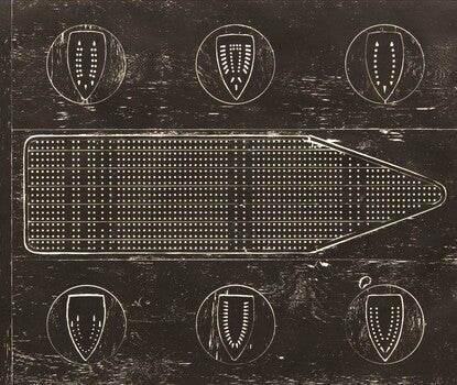 Woodblock of ironing boards that resemble slave ships.