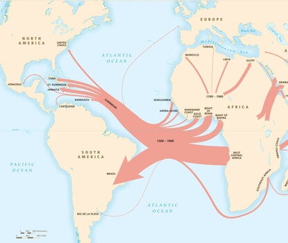 A map of the world, with arrows indicating movement of enslaved people out of Africa, with varying thickness for the number of enslaved people arriving at that location.