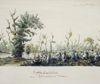 A watercolor showing enslaved people picking cotton with an overseer nearby