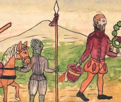 A detail from a watercolor image showing a Black man in gray sixteenth-century dress holding a pony's reins and a spear; in front of him is a taller White man in red and orange pantaloons and jacket, carrying a helmet with a feather