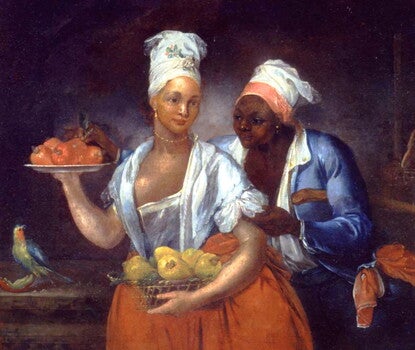 A painting depicting a lighter-skinned woman (at left), wearing a white headscarf, blouse, and red skirt, holding a basket of a golden or yellow produce in her left hand and a platter of a red produce in her right hand. A darker-skinned woman (at right) wearing a white headscarf, blouse, and blue jacket stands behind her, her left hand on the other woman's left arm.